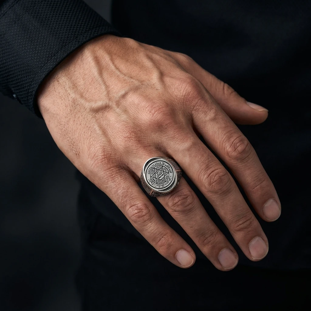Ayar Gümüş Süleyman Mührü ve Dualı Tılsım Erkek Yüzüğü