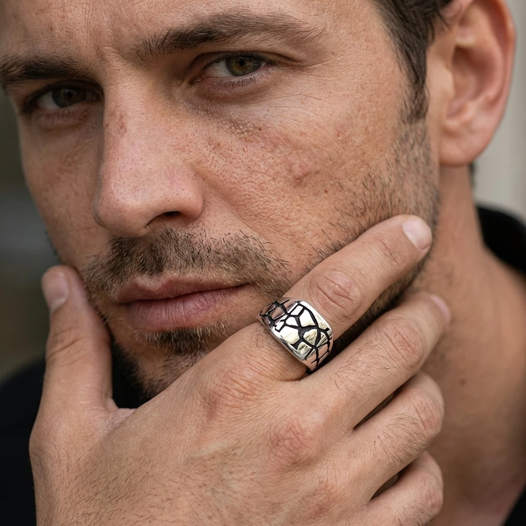 Siyah Çatlak Desenli Modern Erkek Yüzüğü