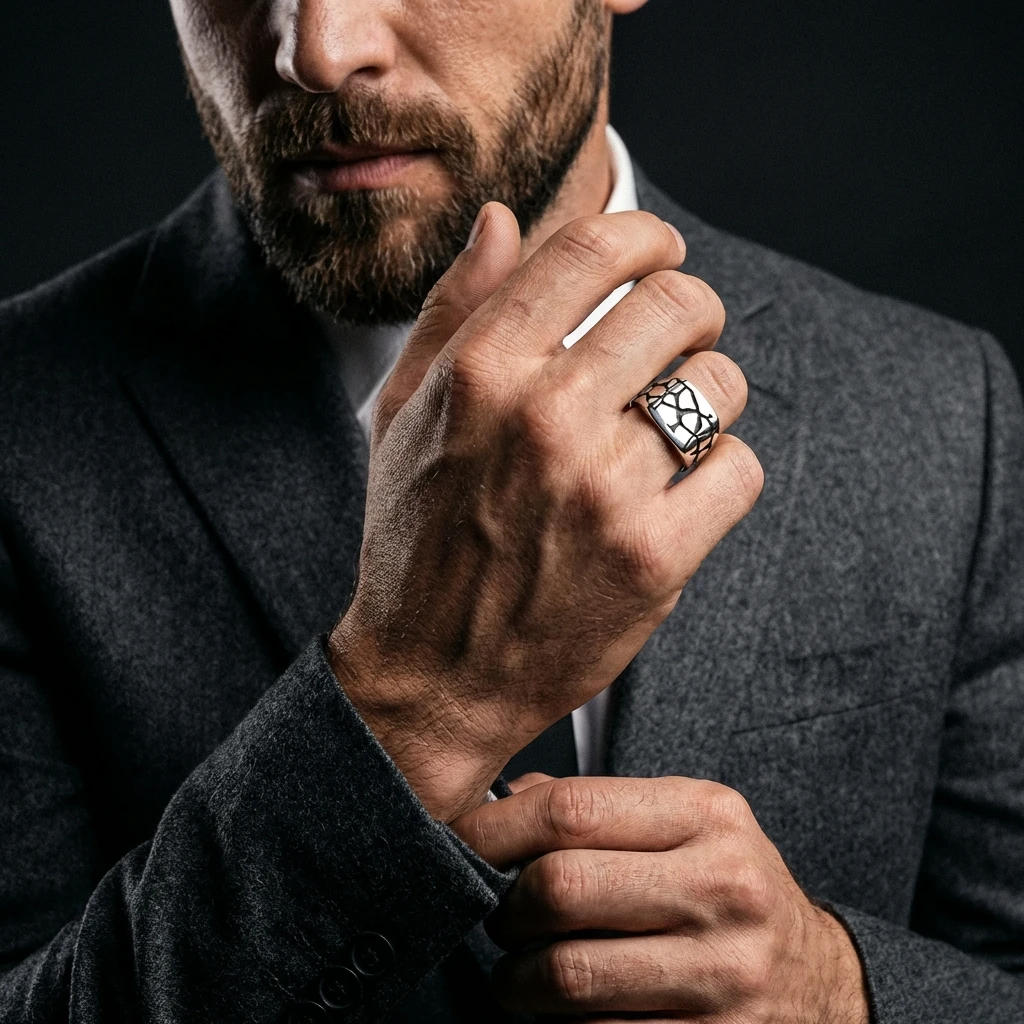 Siyah Çatlak Desenli Modern Erkek Yüzüğü