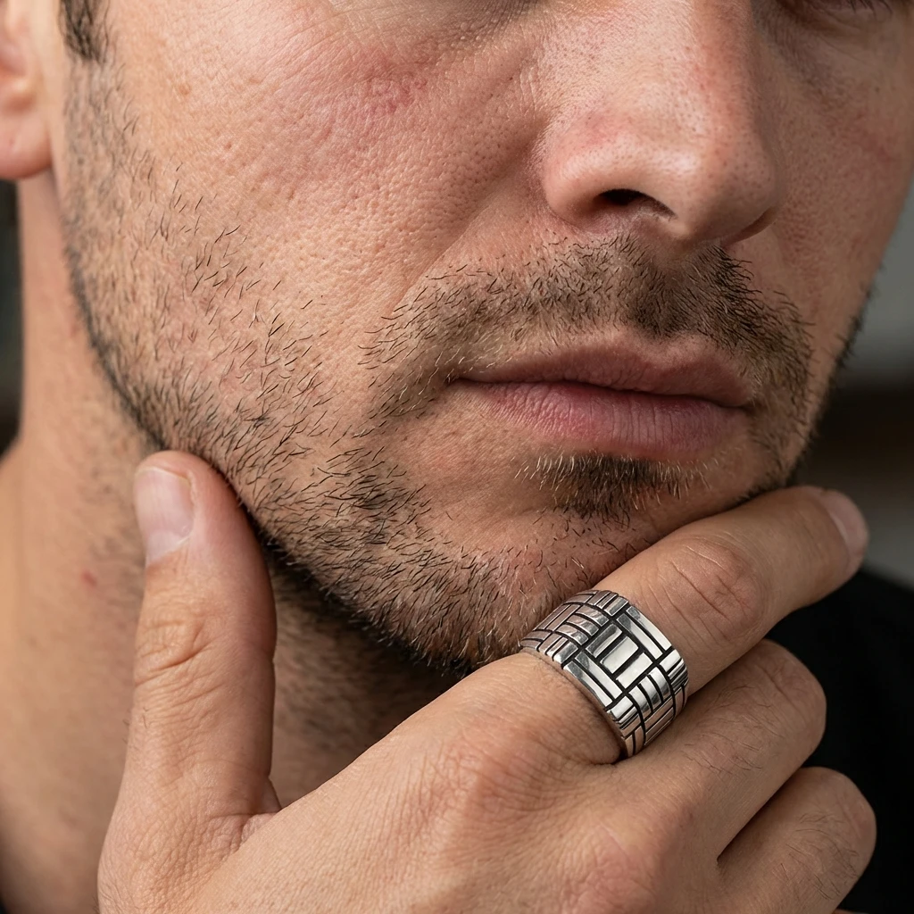 Geometrik Izgara Desenli Modern Erkek Yüzüğü