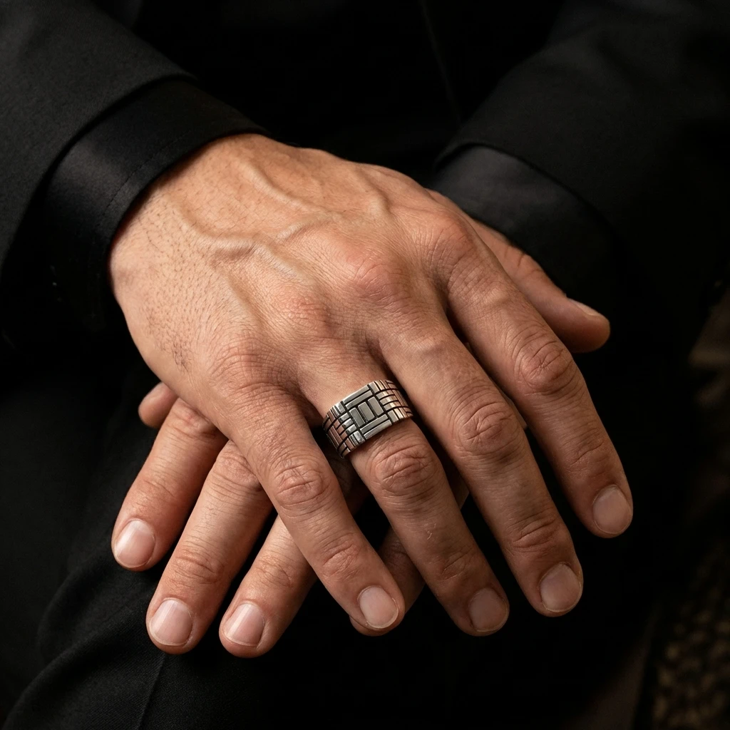 Geometrik Izgara Desenli Modern Erkek Yüzüğü