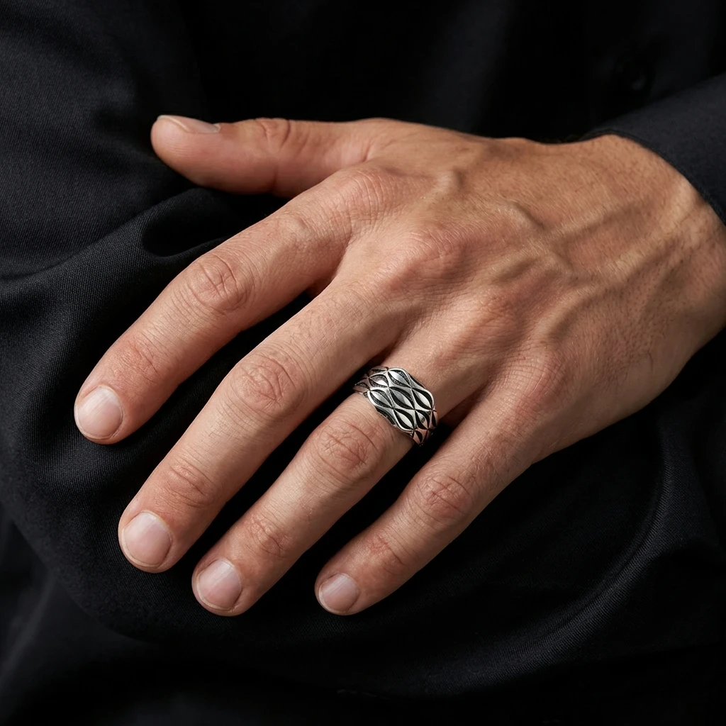 Geometrik Baklava Desenli Modern Erkek Yüzüğü