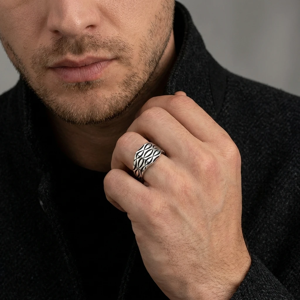 Geometrik Baklava Desenli Modern Erkek Yüzüğü