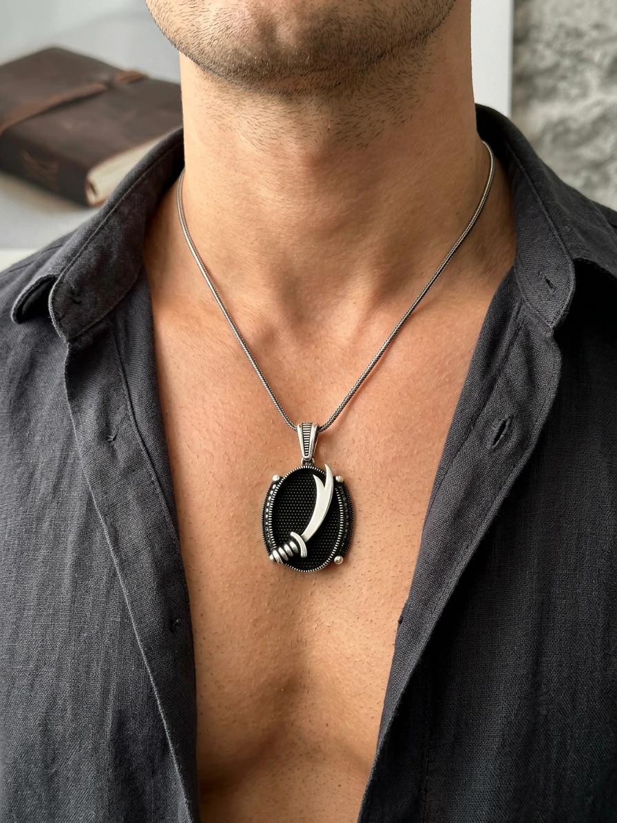 Oval Zülfikar Kılıcı Siyah Taşlı Kolye Ucu