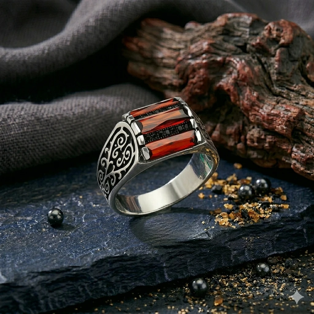 Kare Kasa Üçlü Baget Motifli Tasarım Mikro Taş Gümüş Yüzük