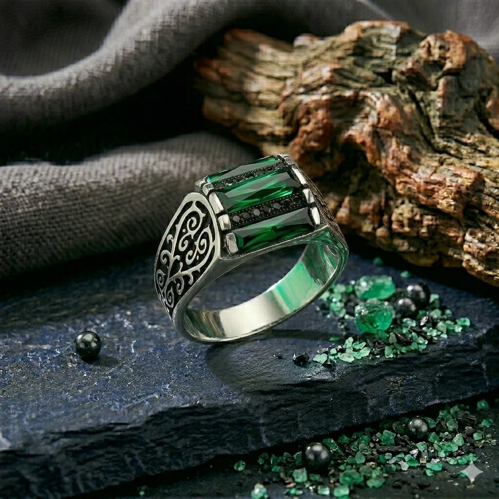 Kare Kasa Üçlü Baget Motifli Tasarım Mikro Taş Gümüş Yüzük