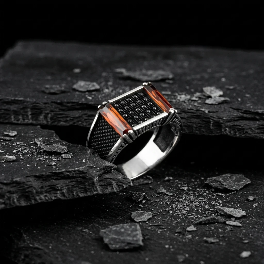 Çift Kızıl Baget Taşlı Gümüş Yüzük