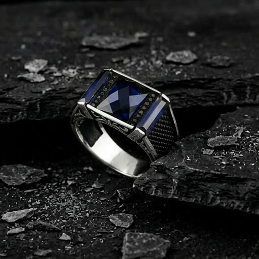 Kare Faset Kasa Baget Tasarım Mikro Taş Gümüş Yüzük