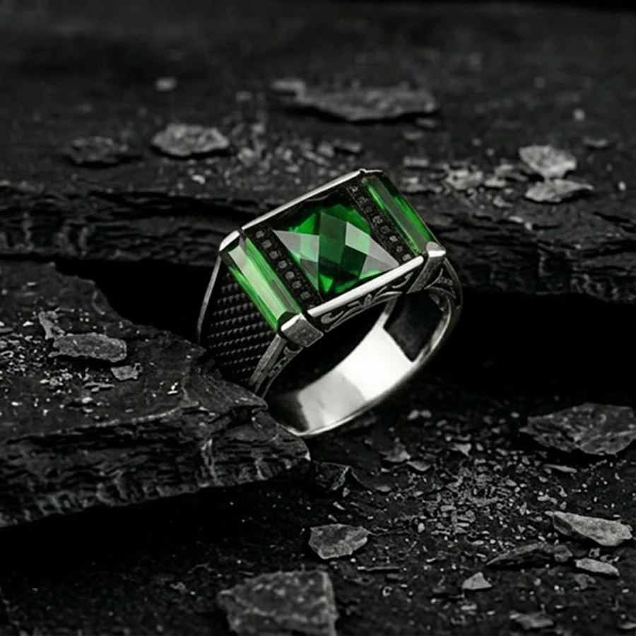 Kare Faset Kasa Baget Tasarım Mikro Taş Gümüş Yüzük