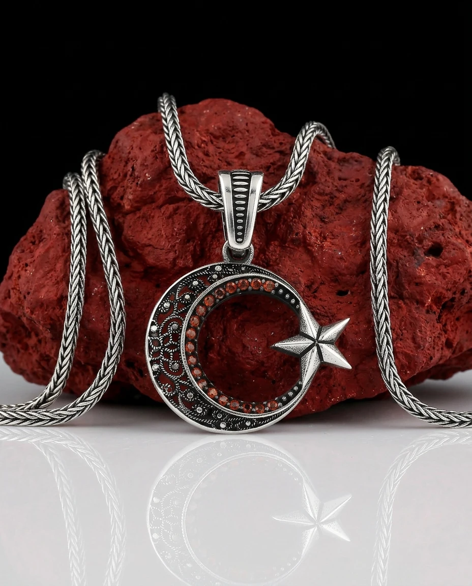 Telkari İşlemeli Kırmızı Taşlı Ay Yıldız Kolye Ucu