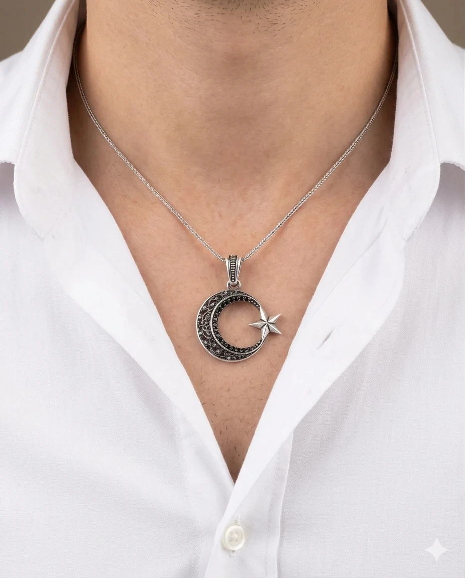 Telkari İşlemeli Kırmızı Taşlı Ay Yıldız Kolye Ucu