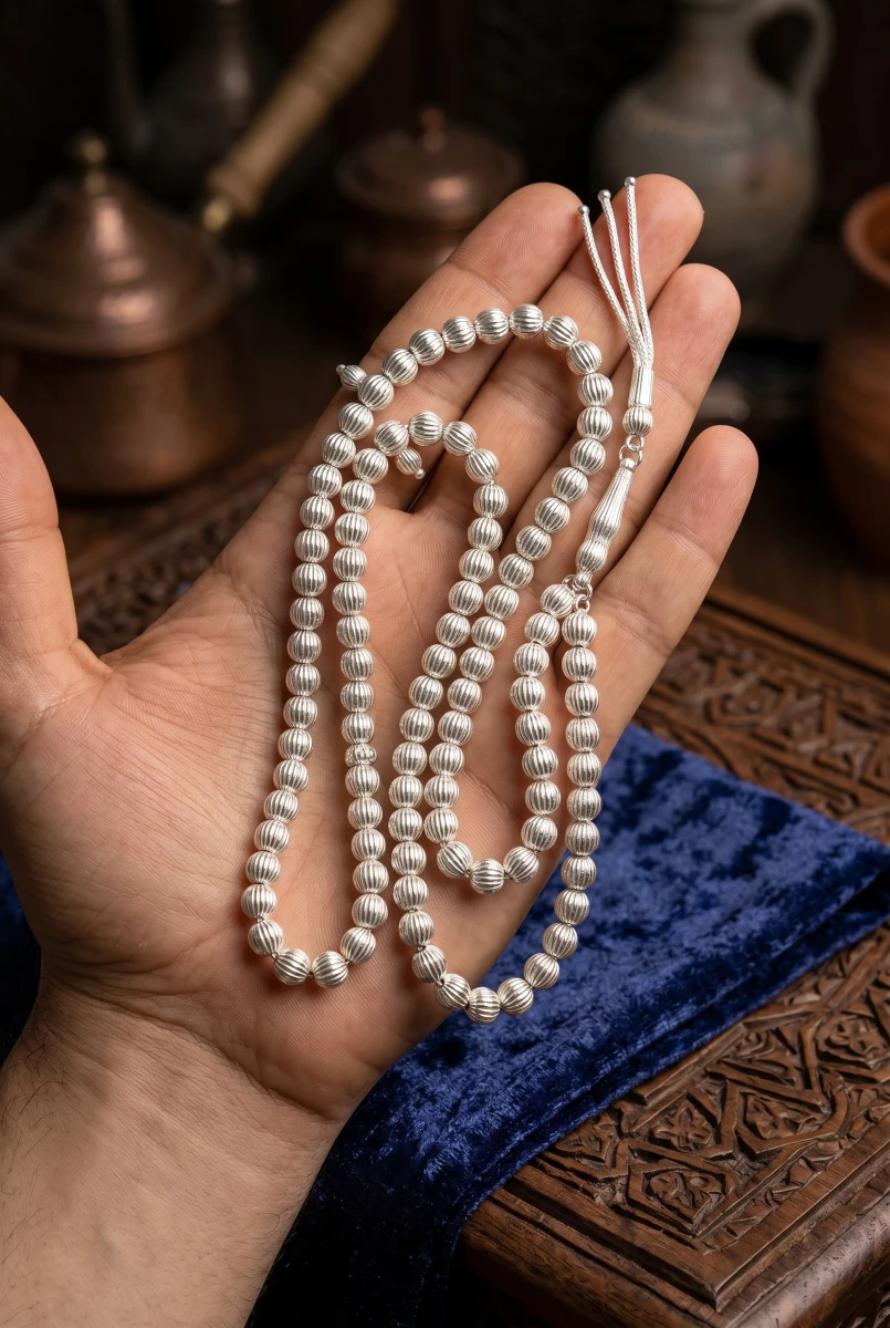 Özel İşçilik Yivli 99'luk Namaz Tesbihi 925 Ayar Gümüş Tesbih